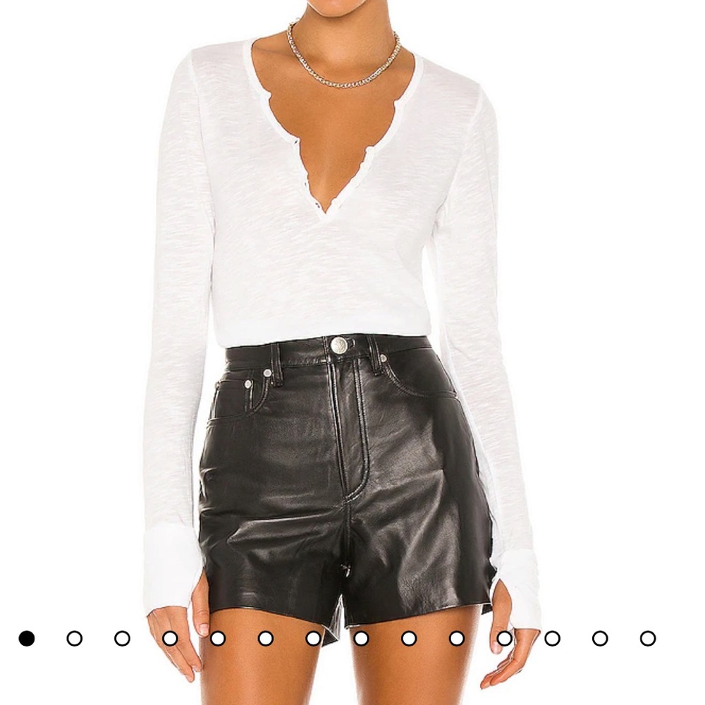 Michael Lauren White Scallop V-Neck Button Down Top